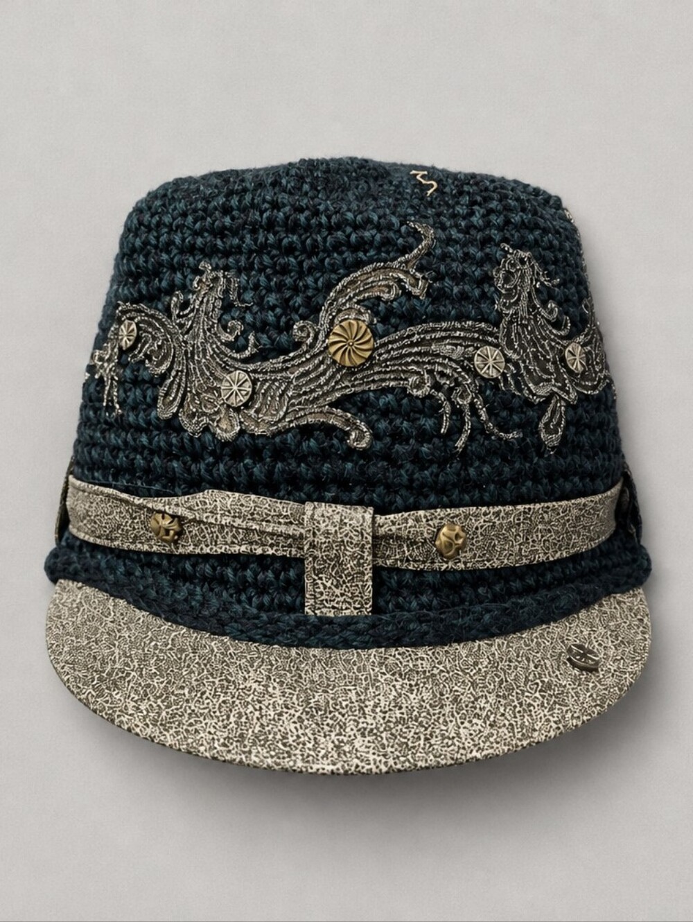 Stylish Men's Crochet Fedora Hat with Metallic Accents - Black